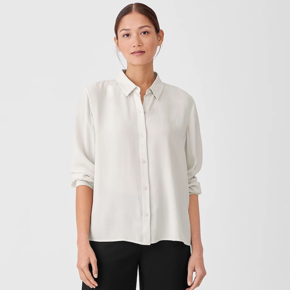 Eileen Fisher 100% Silk Georgette Crepe Classic Collar Shirt